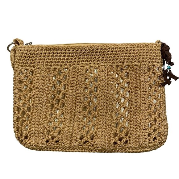 The Sak Womens Crocheted gold metallic underlay Crossbody Bag Beige beach boho - Picture 2 of 14